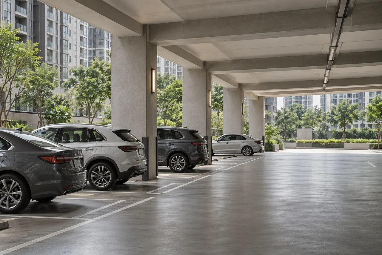 Residential car park beneath apartment buildings