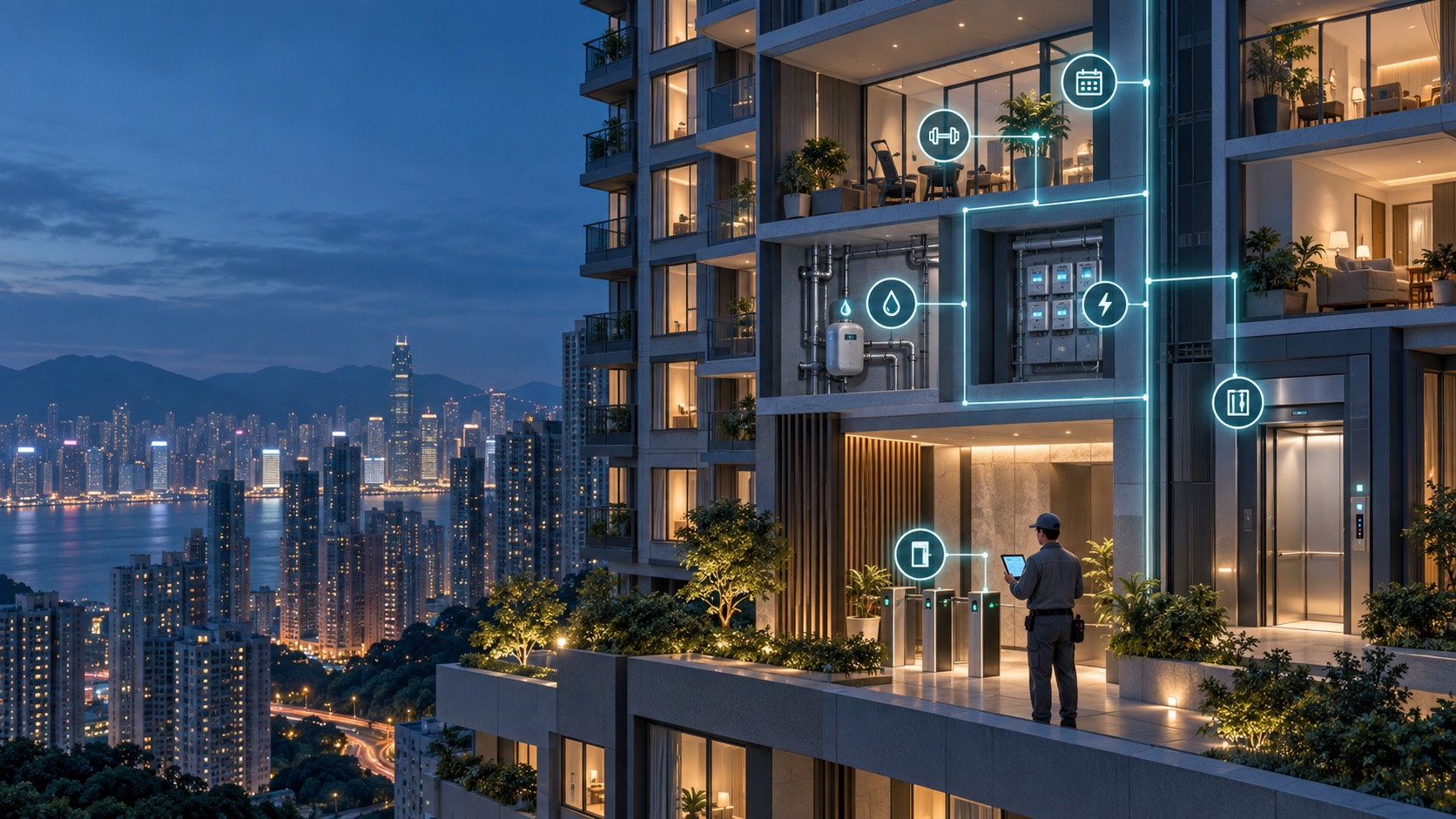 夜景中的住宅楼宇，楼宇设备通过数据连接，维修人员正在查看平板电脑。