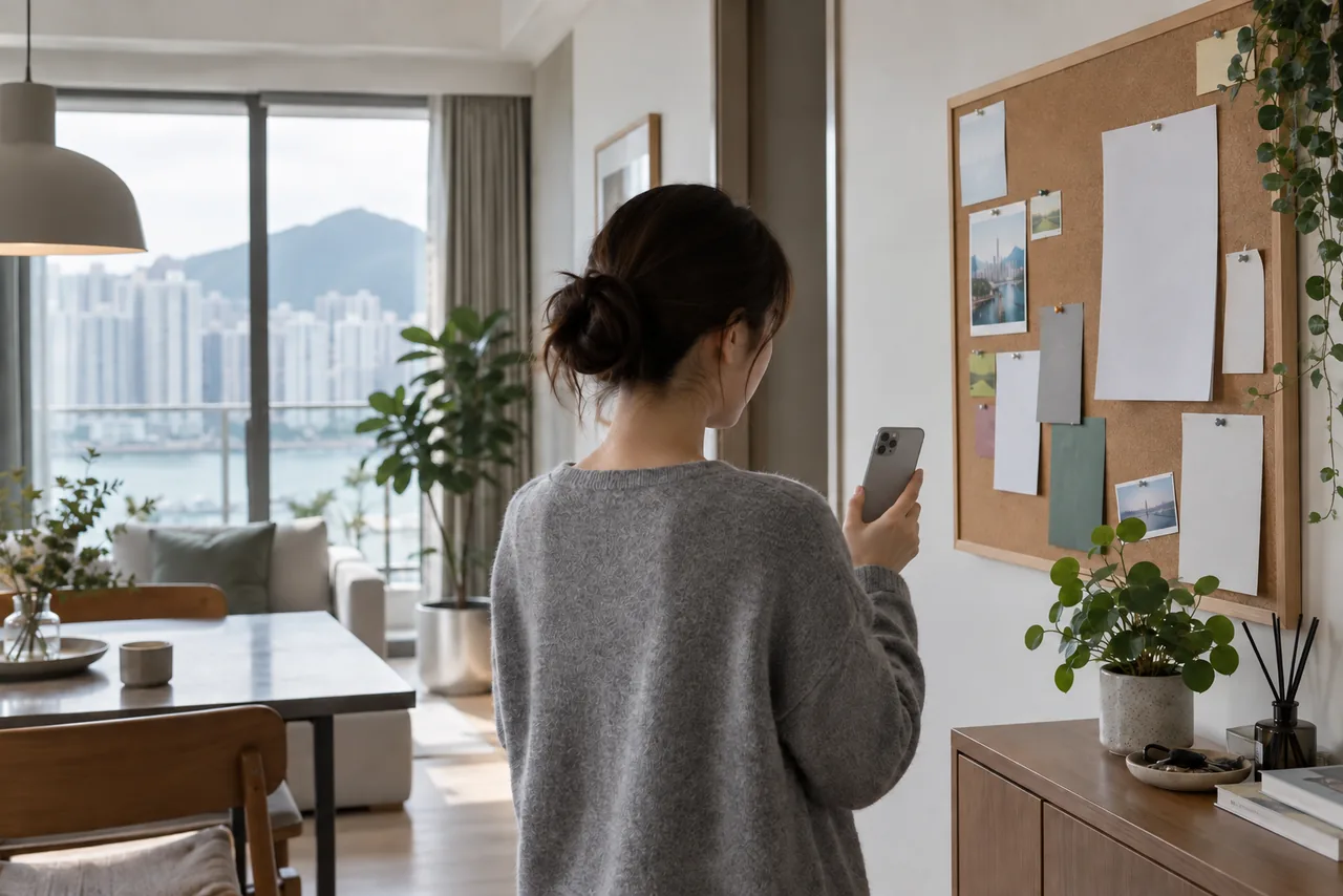 Resident using a phone beside a noticeboard