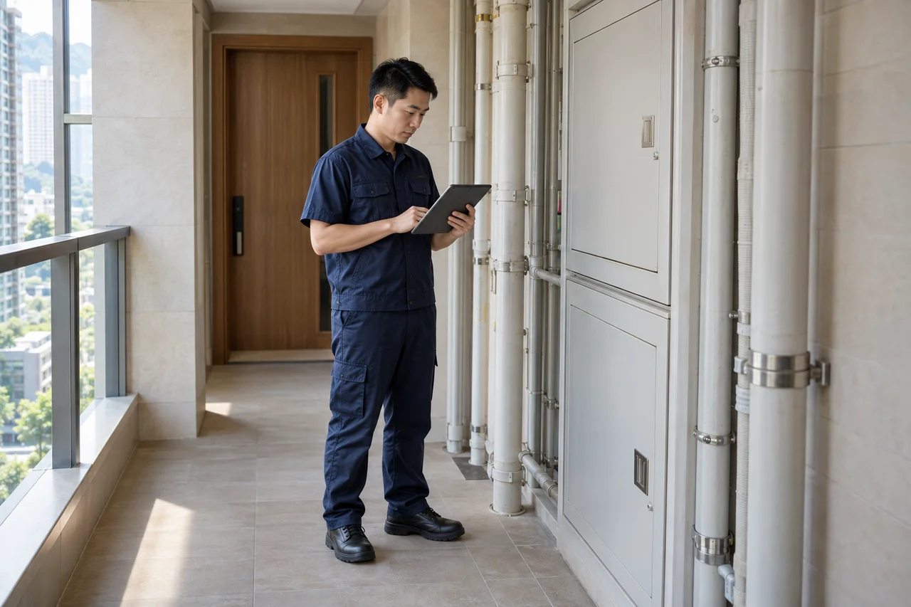 维护人员在香港住宅楼内检查楼宇设备