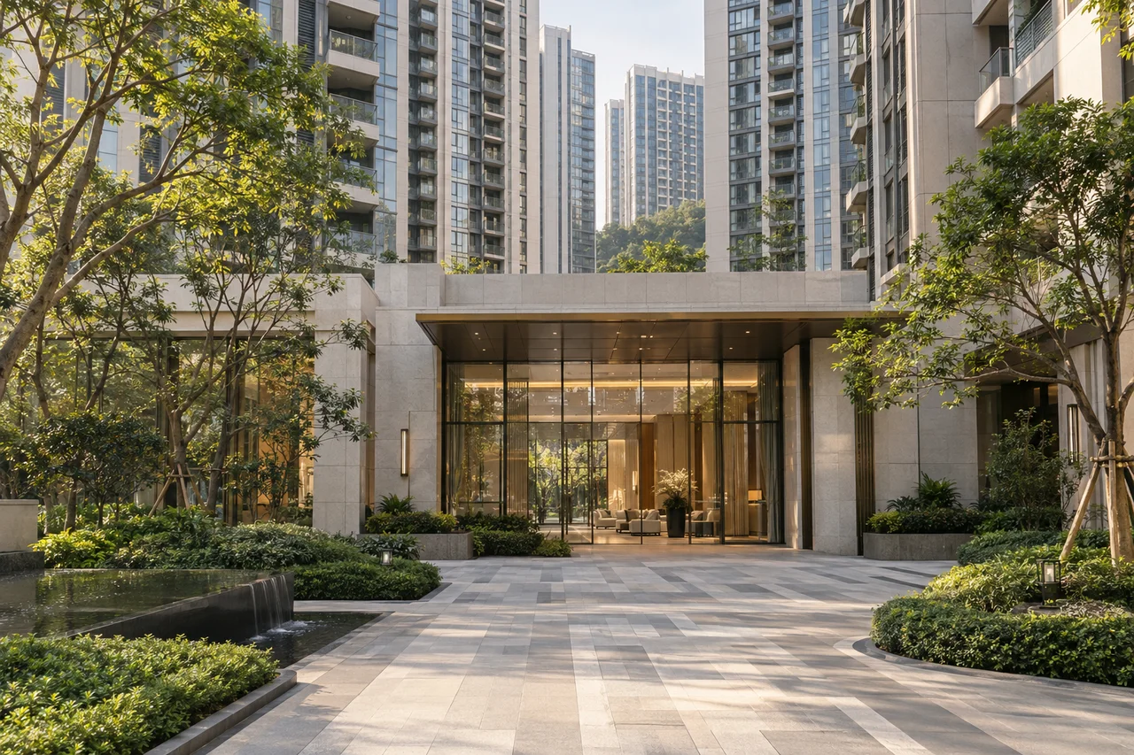 香港住宅小区的绿化入口与住宅楼