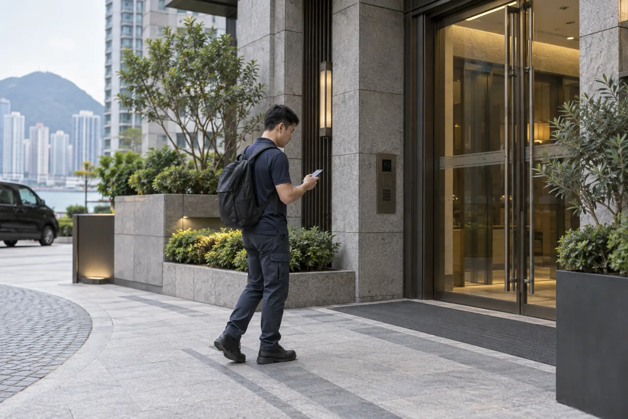Staff member using a phone outside a building entrance