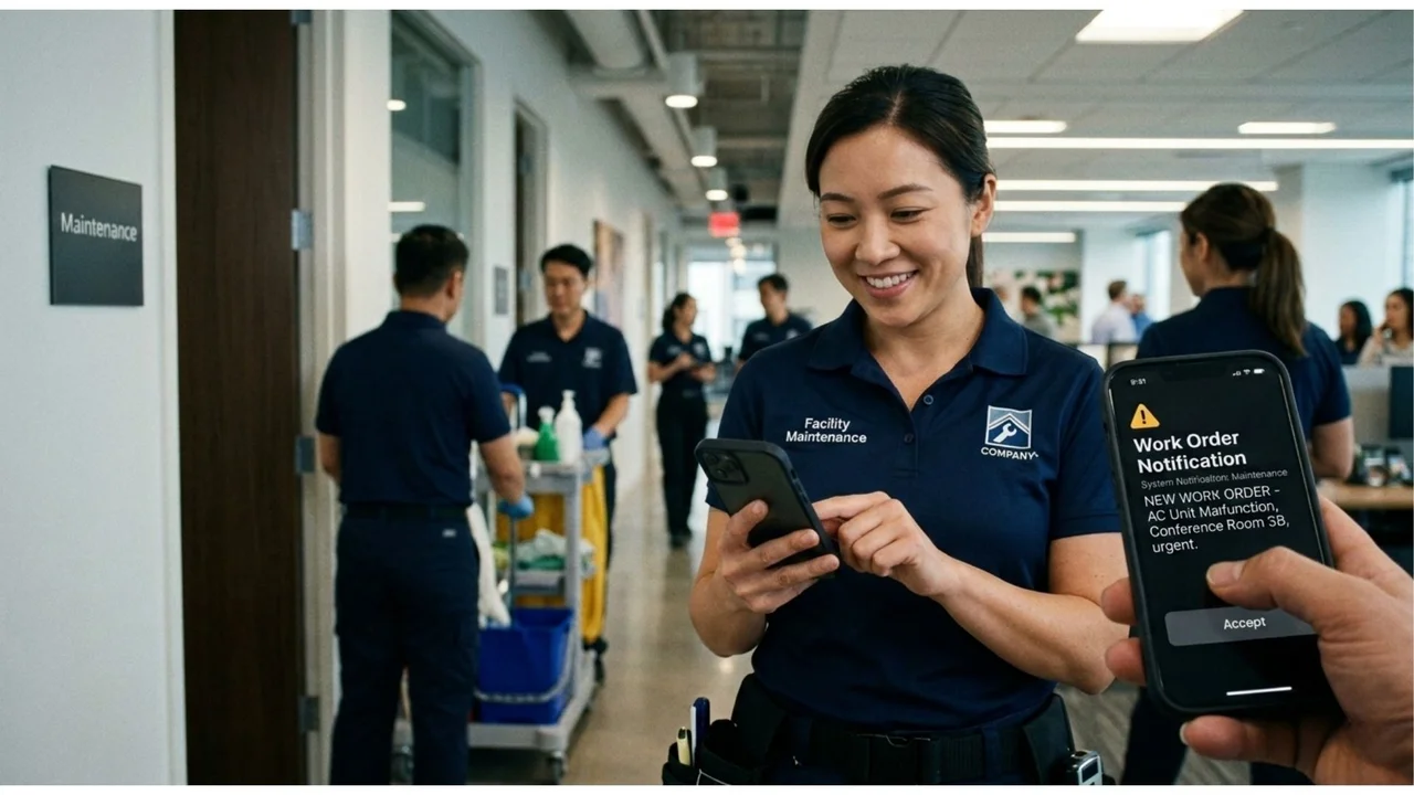 物业服务人员在走廊使用手机