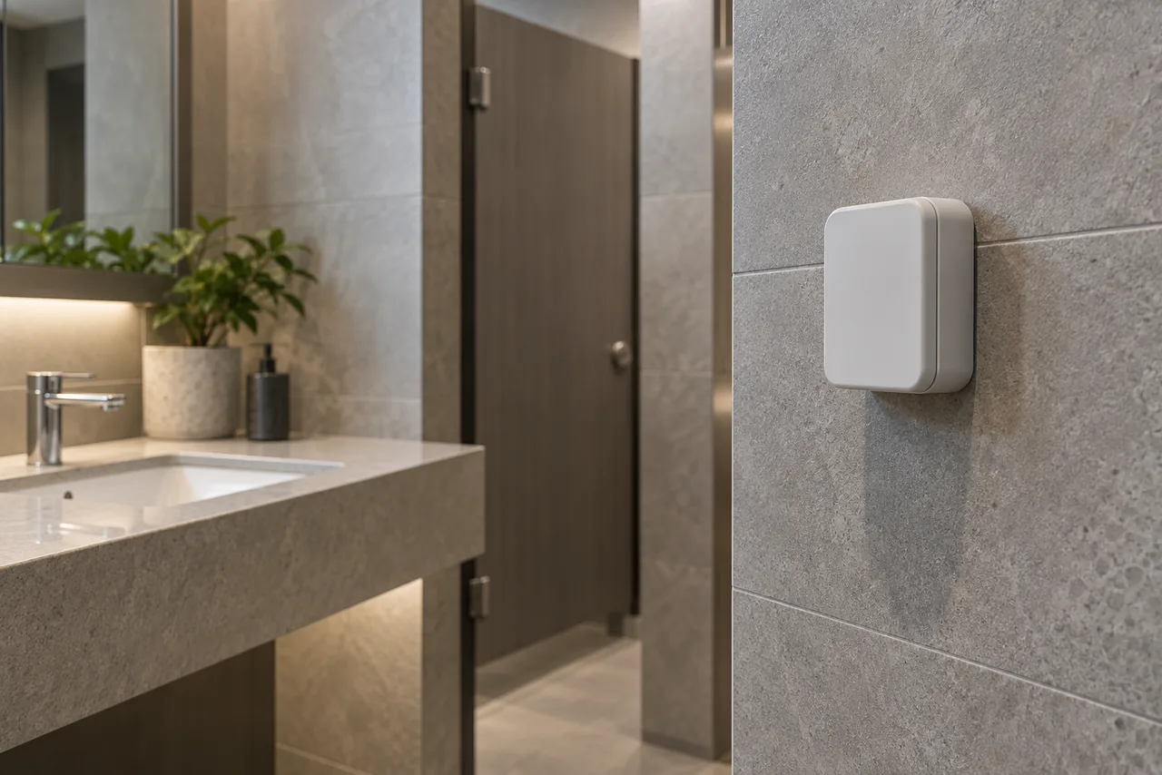 Wall-mounted monitoring sensor beside a washroom basin