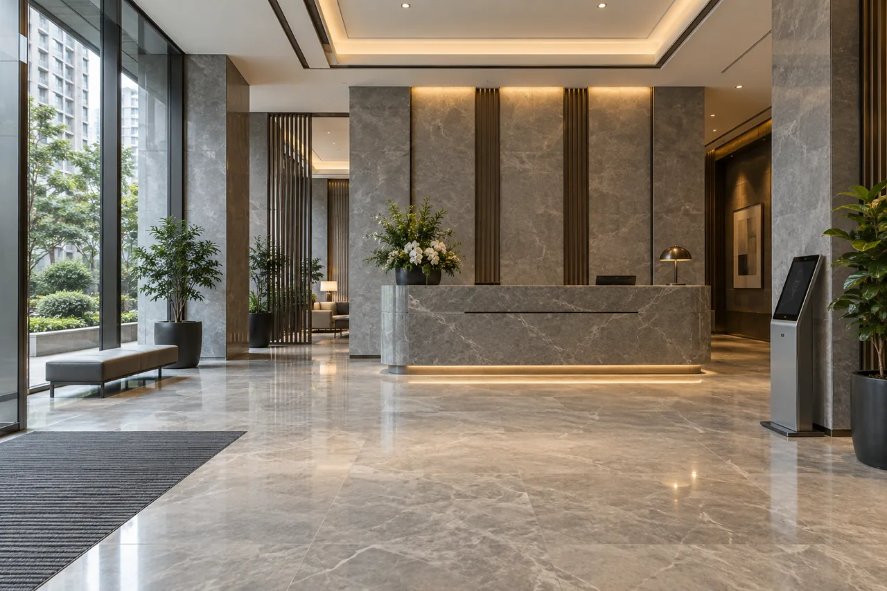 Building lobby with a visitor registration kiosk
