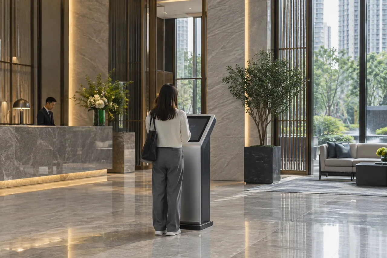 Self-service registration kiosk in a building lobby