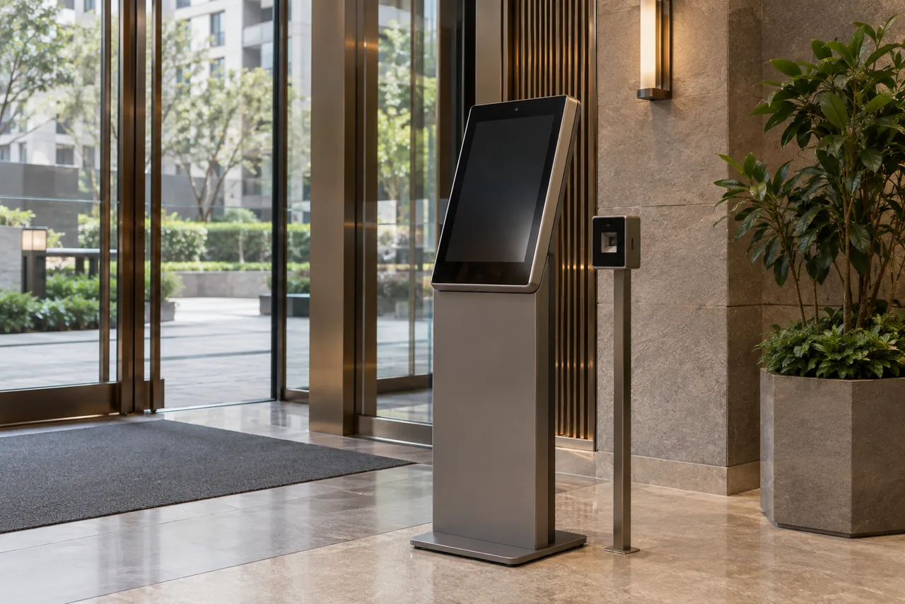 Freestanding visitor registration kiosk beside a building entrance